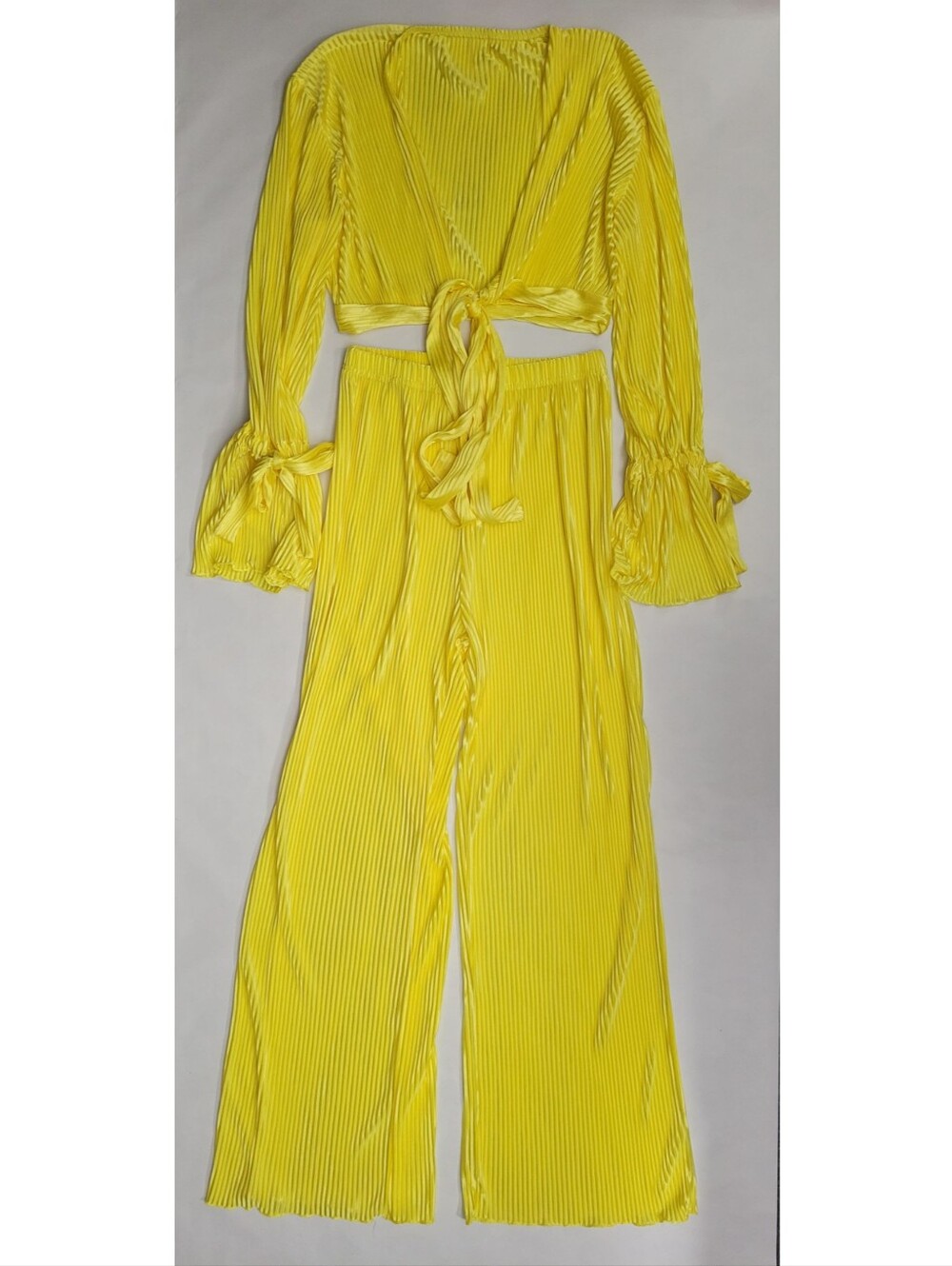 Yellow Tie Crop Top and Wide Leg Pants Set